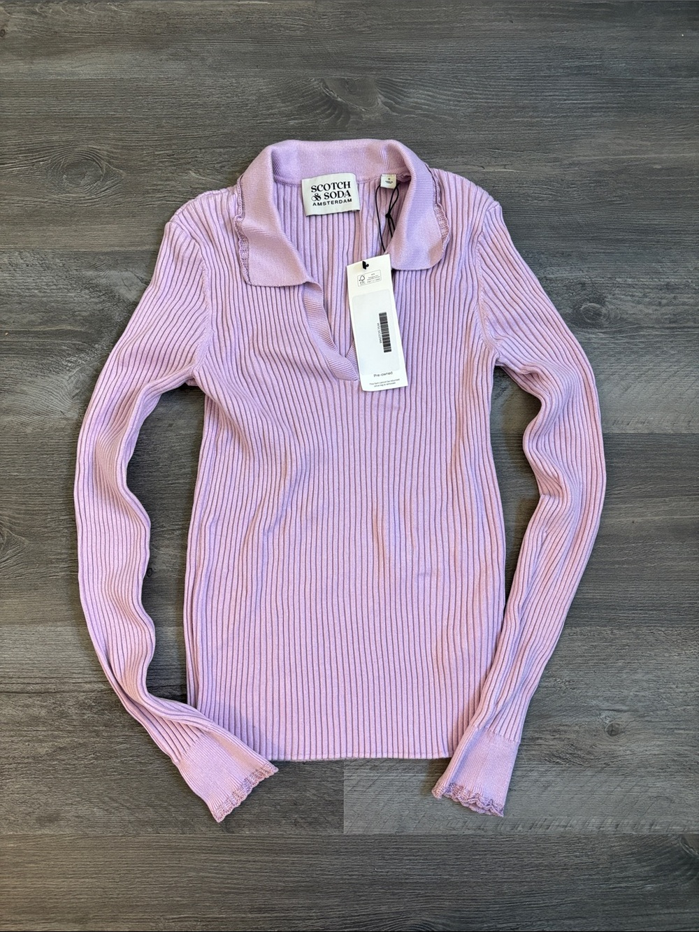 Scotch & Soda Lilac Ribbed Long Sleeve Polo Top